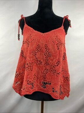 Miss Me Coral Lace Floral Handkerchief Hem Cami Tank Top Beaded Tie Straps Small